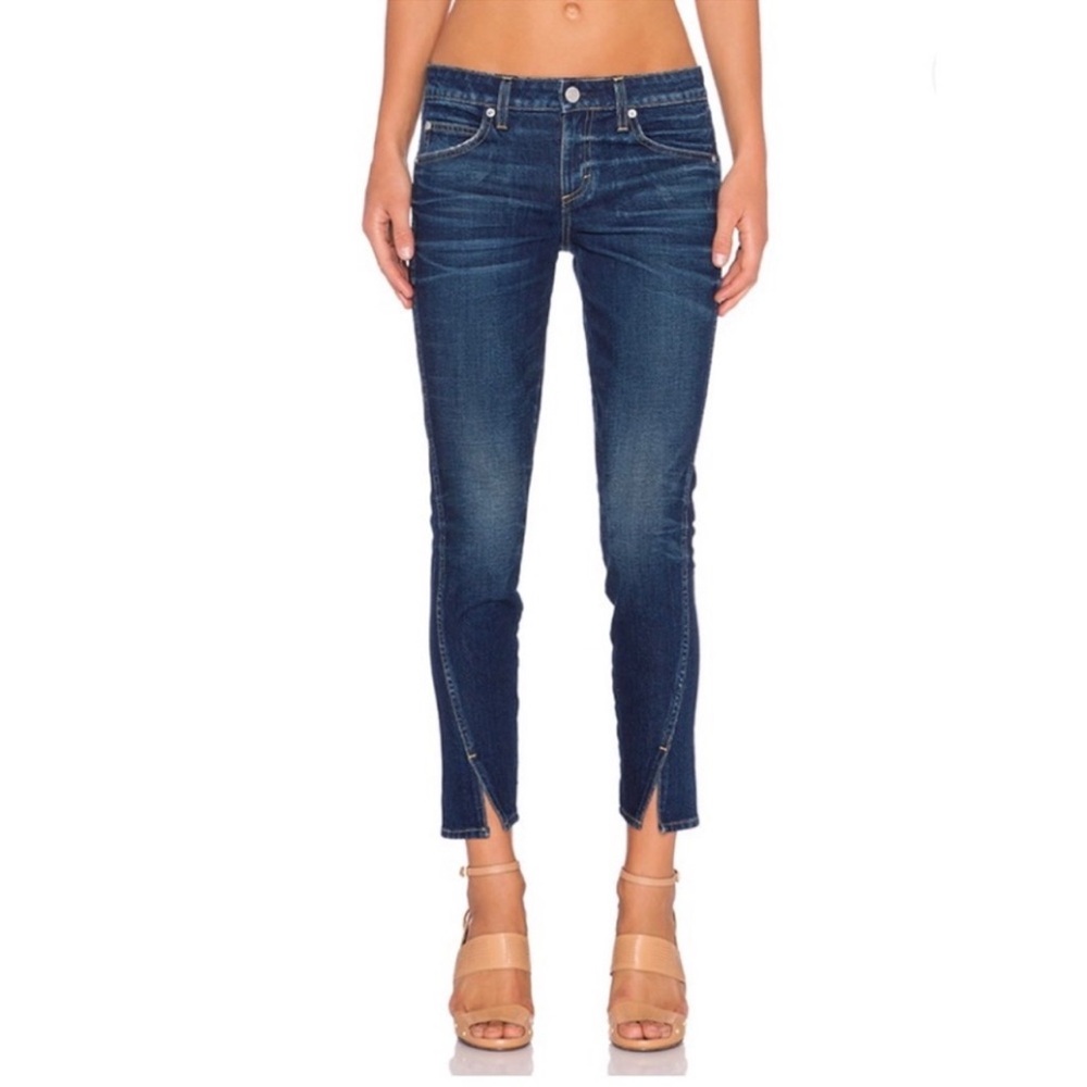 AMO Twist Skinny Jeans True Blue Size 29 Cropped Zip Hem USA Made Premium Denim